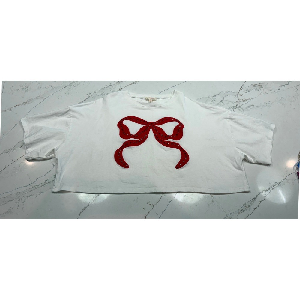 Peach‎ Love Womens Cropped T-Shirt Red Rhinestone Bow Applique Large Oversized